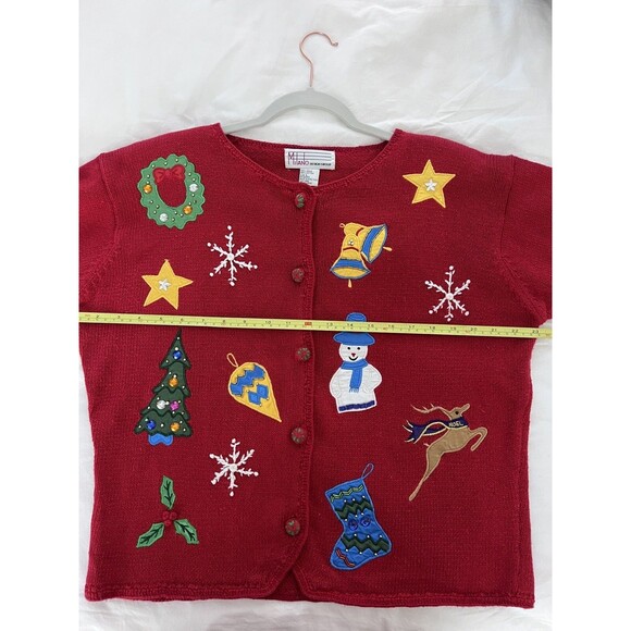 Vintage Milano Christmas Sweater Women L Red Holiday Cardigan Snowman Reindeer - Picture 9 of 14